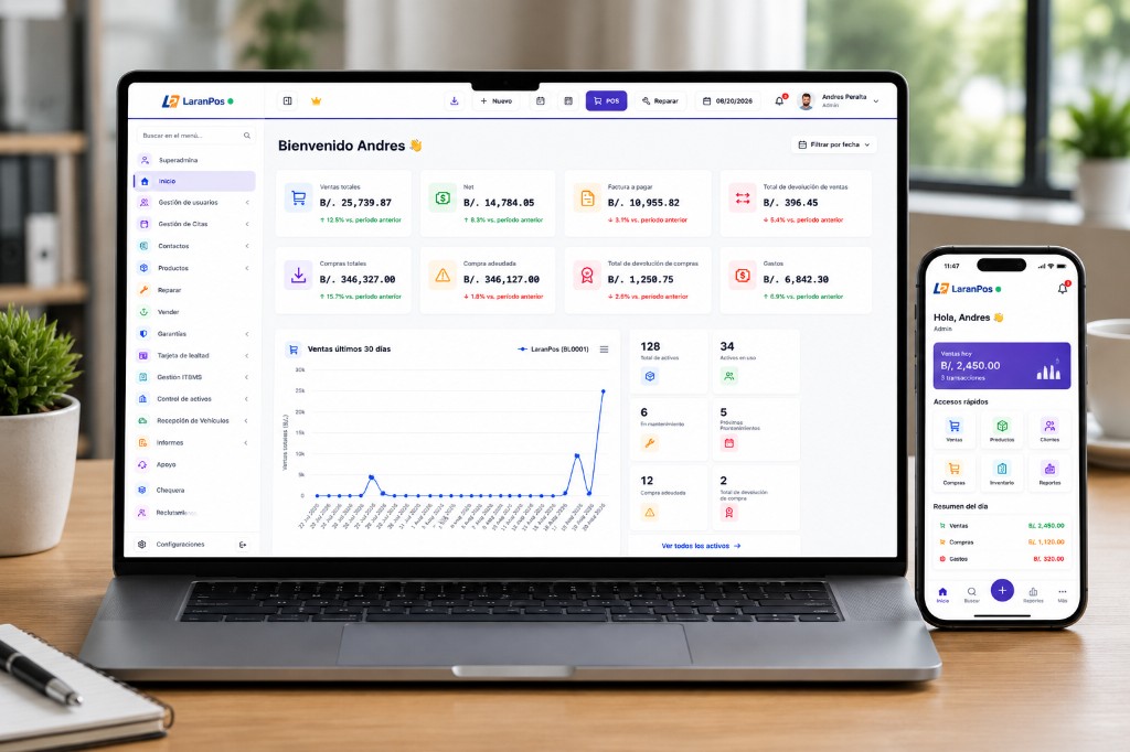 LaranPos en laptop y smartphone: dashboard de ventas, métricas y operación